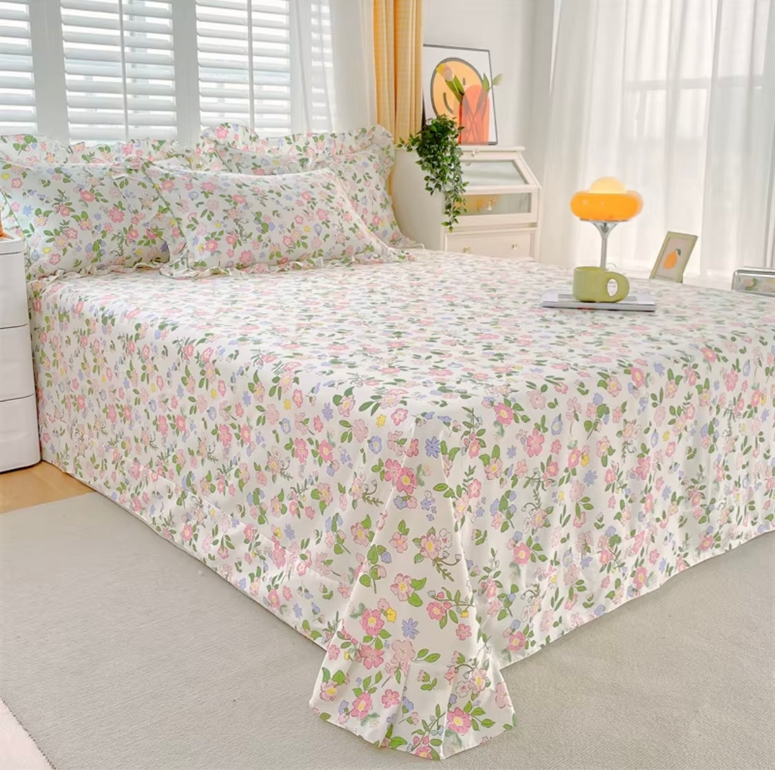 Bright Summer Floral Ruffle Edge Duvet Set Creative Femininity