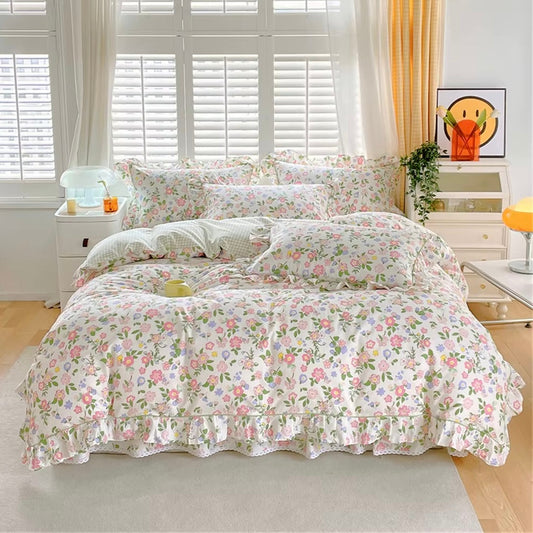 Bright Summer Floral Ruffle Edge Duvet Set Creative Femininity