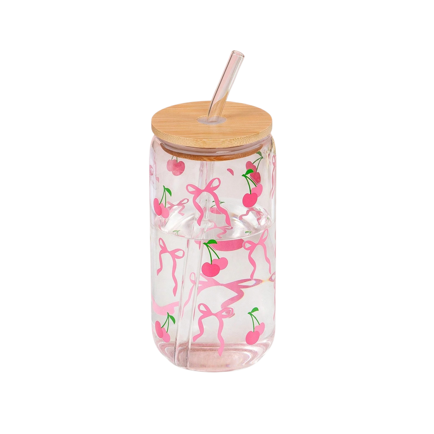 Pink Bow & Cherry Glass Cup With Lid & Straw Creative Femininity