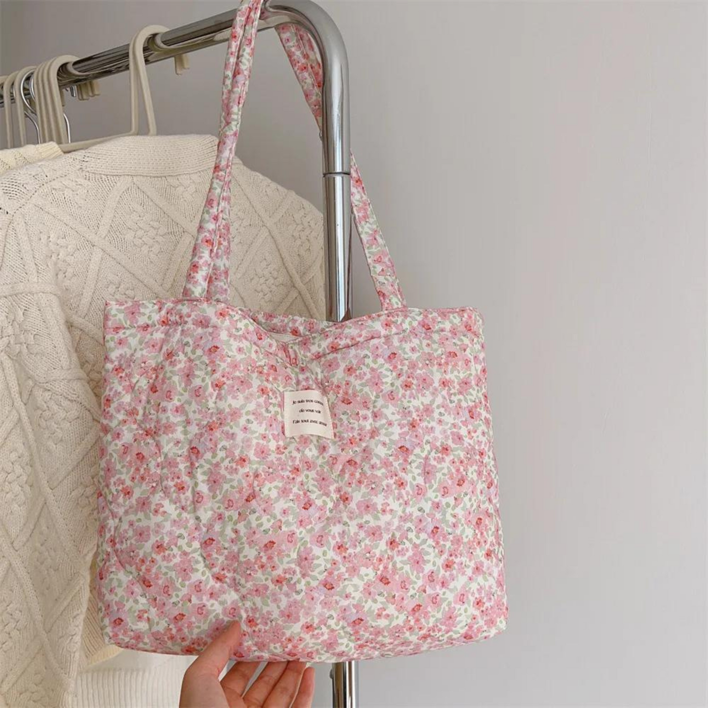 pink floral quilted tote bag