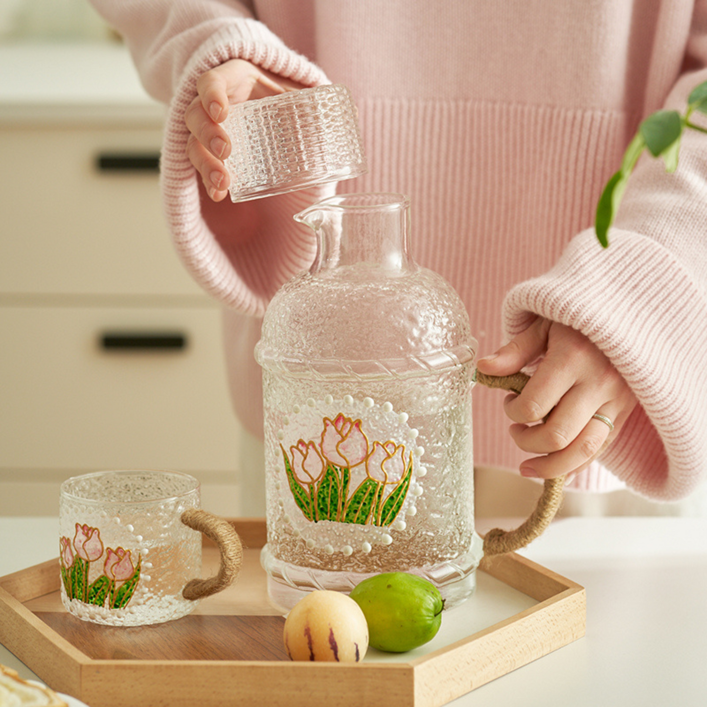 Artisan Painted Glass Carafe & Mug Set
