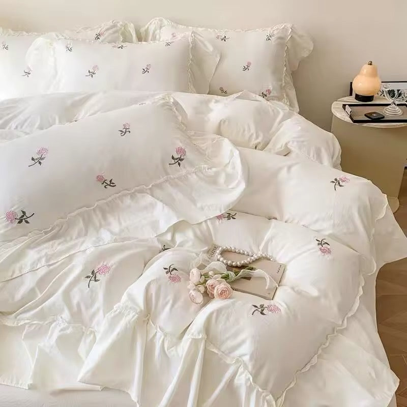 Rose Embroidered Ruffle Bed Set - White/Pink/Green/Blue