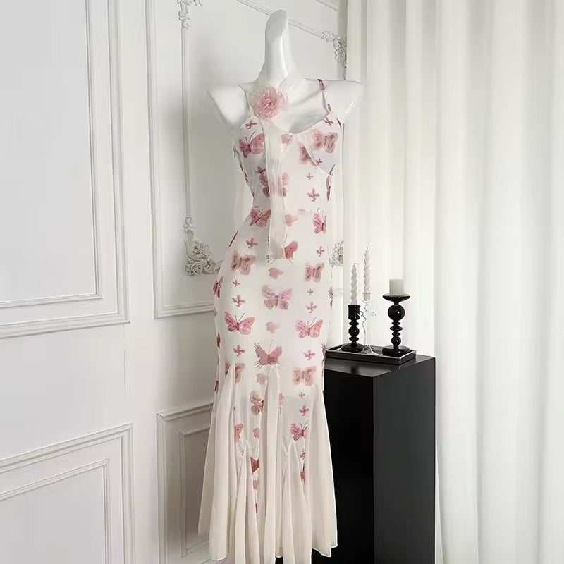 Romantic Strappy Butterfly Midi Dress