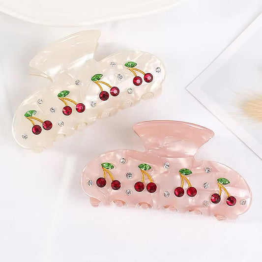 pink hair claw clip with red cherry and diamonds