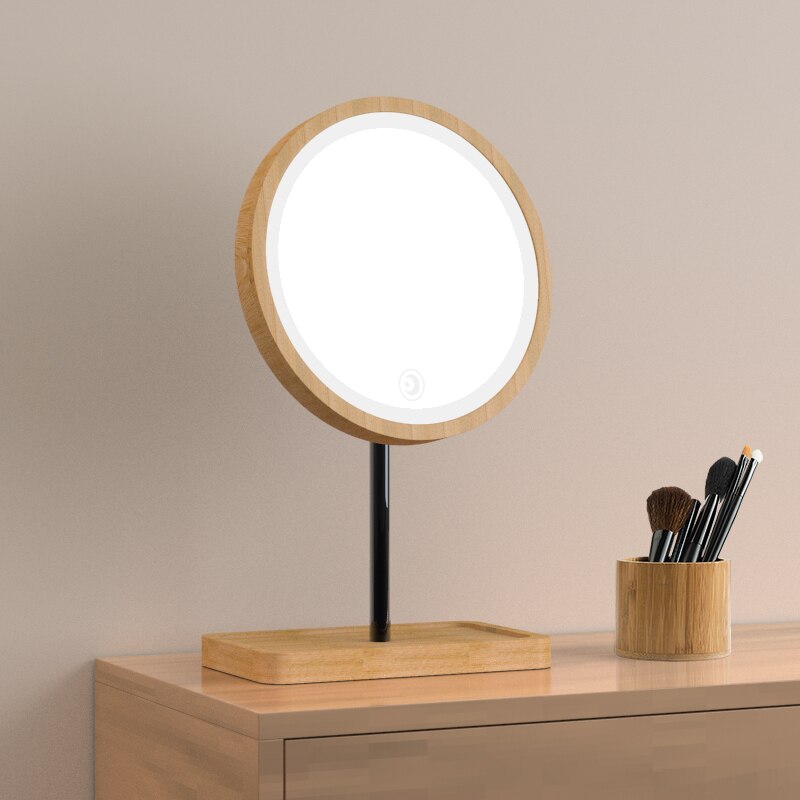 LED Round Wooden Makeup Mirror
