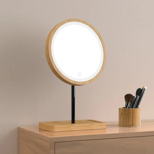 LED Round Wooden Makeup Mirror CreativeFemininity