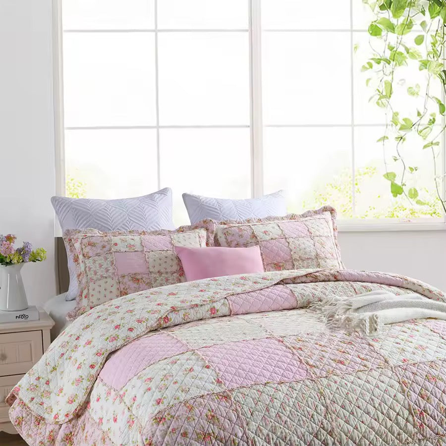 Floral Print Cotton Quilted Bedspread - Pink/Purple