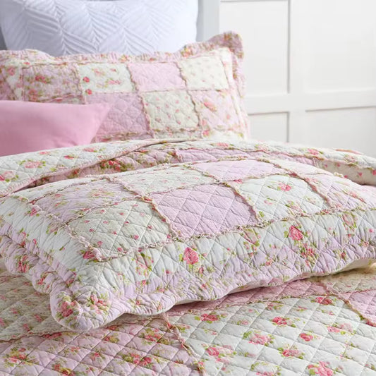 Floral Print Cotton Quilted Bedspread - Pink/Purple