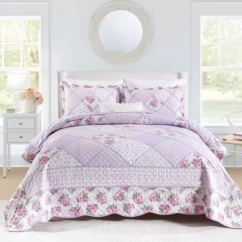 Floral Print Cotton Quilted Bedspread - Pink/Purple
