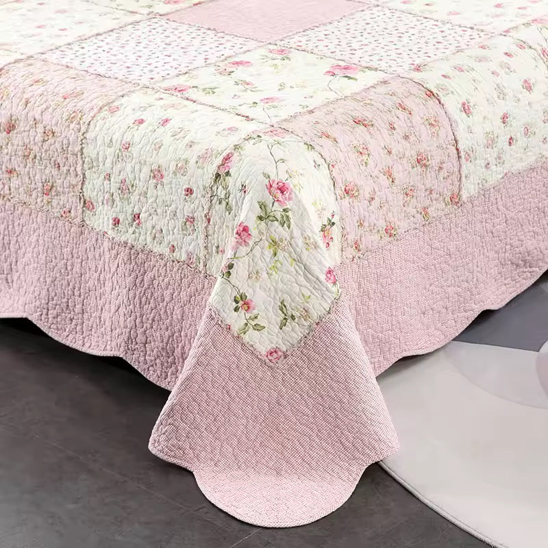 Floral Print Cotton Quilted Bedspread - Pink/Purple