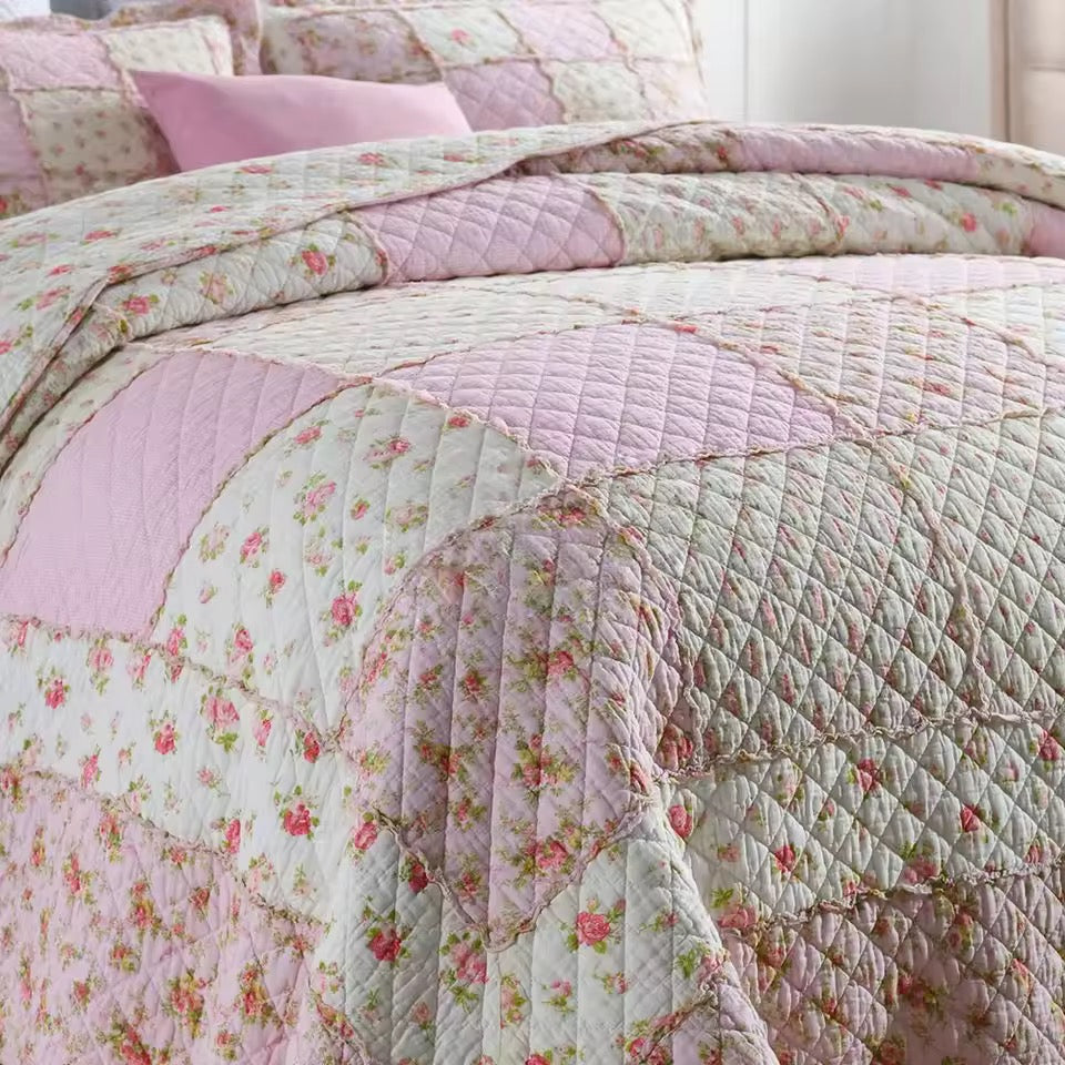 Floral Print Cotton Quilted Bedspread - Pink/Purple