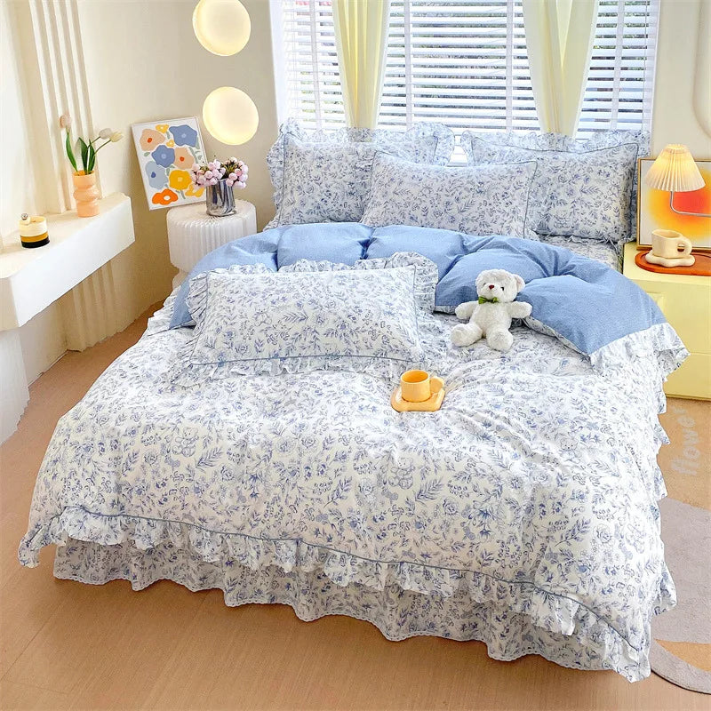 Blue Floral Frilly Duvet Set