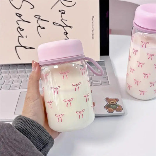 Pink Bow Glass Mini Water Bottle Creative Femininity