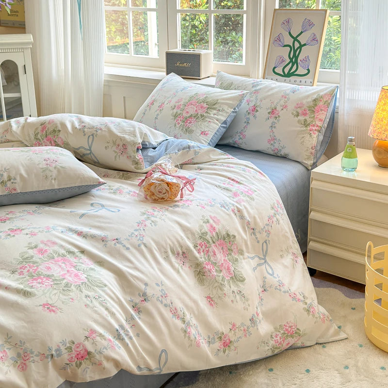 100% Cotton Rose & Ribbon Duvet Cover Set