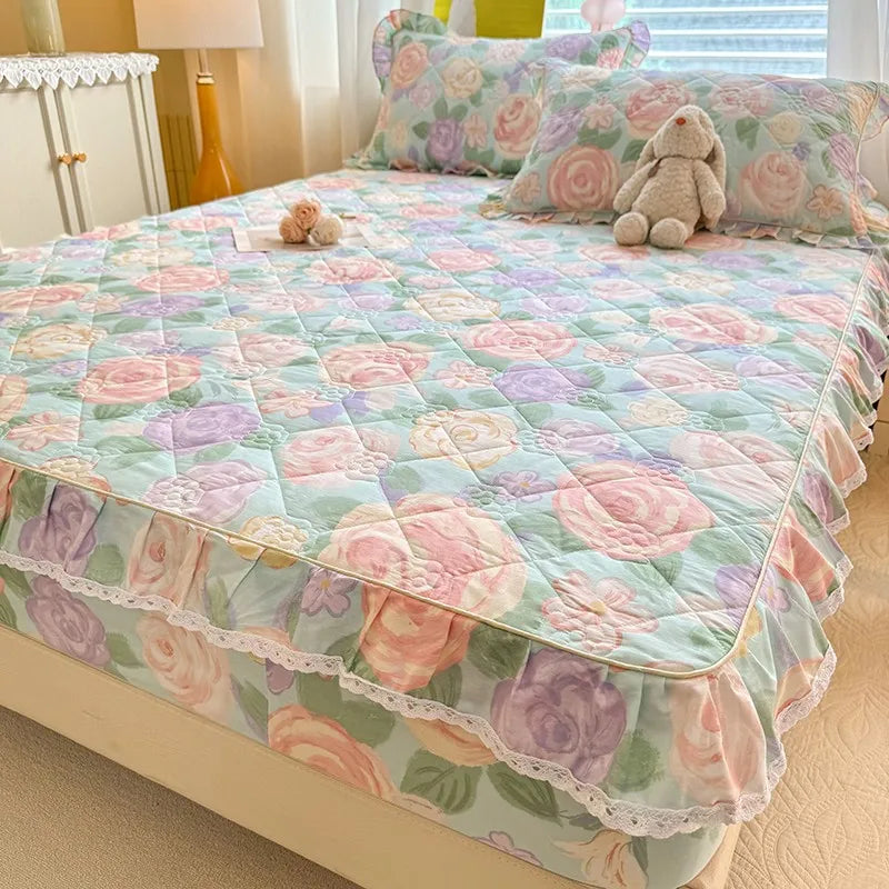 Quilted Floral Fitted Bed Sheet With Ruffle Edge - All Colours