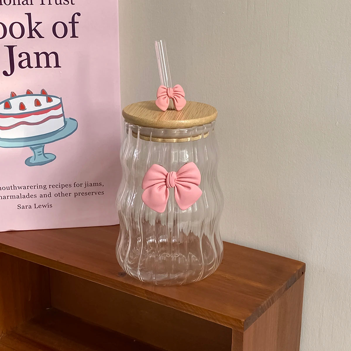 Pink Bow Glass Cup With Lid & Straw
