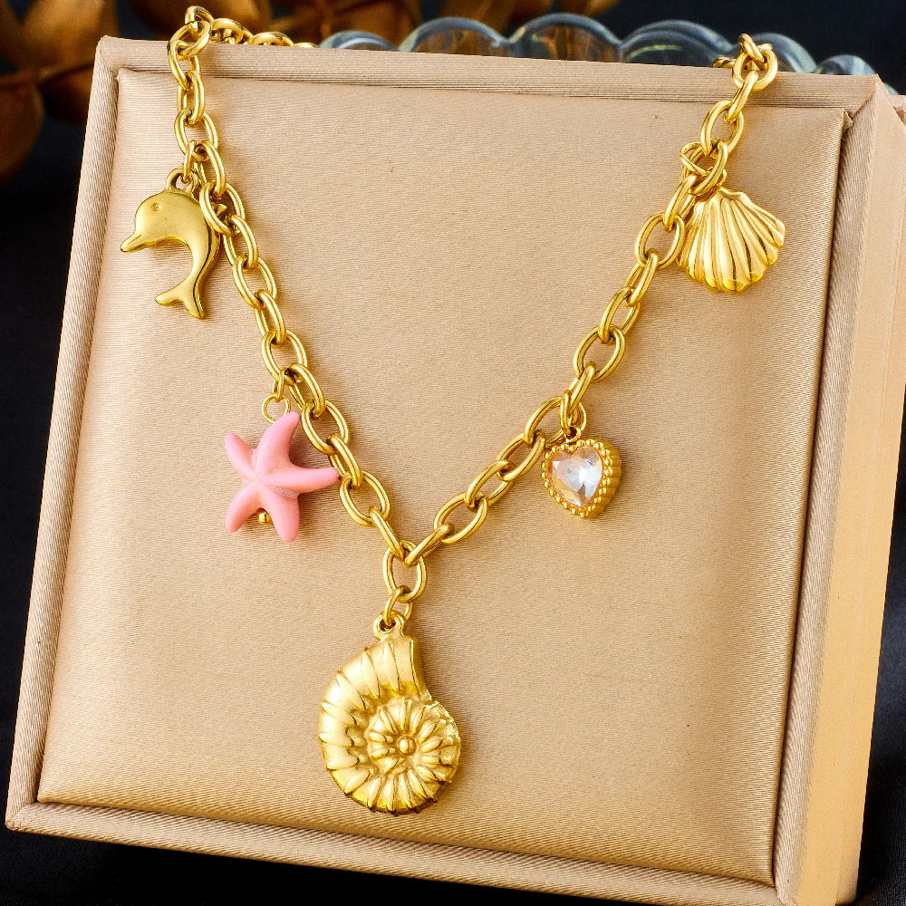 Link Necklace With Pink & Gold Charms Creative Femininity