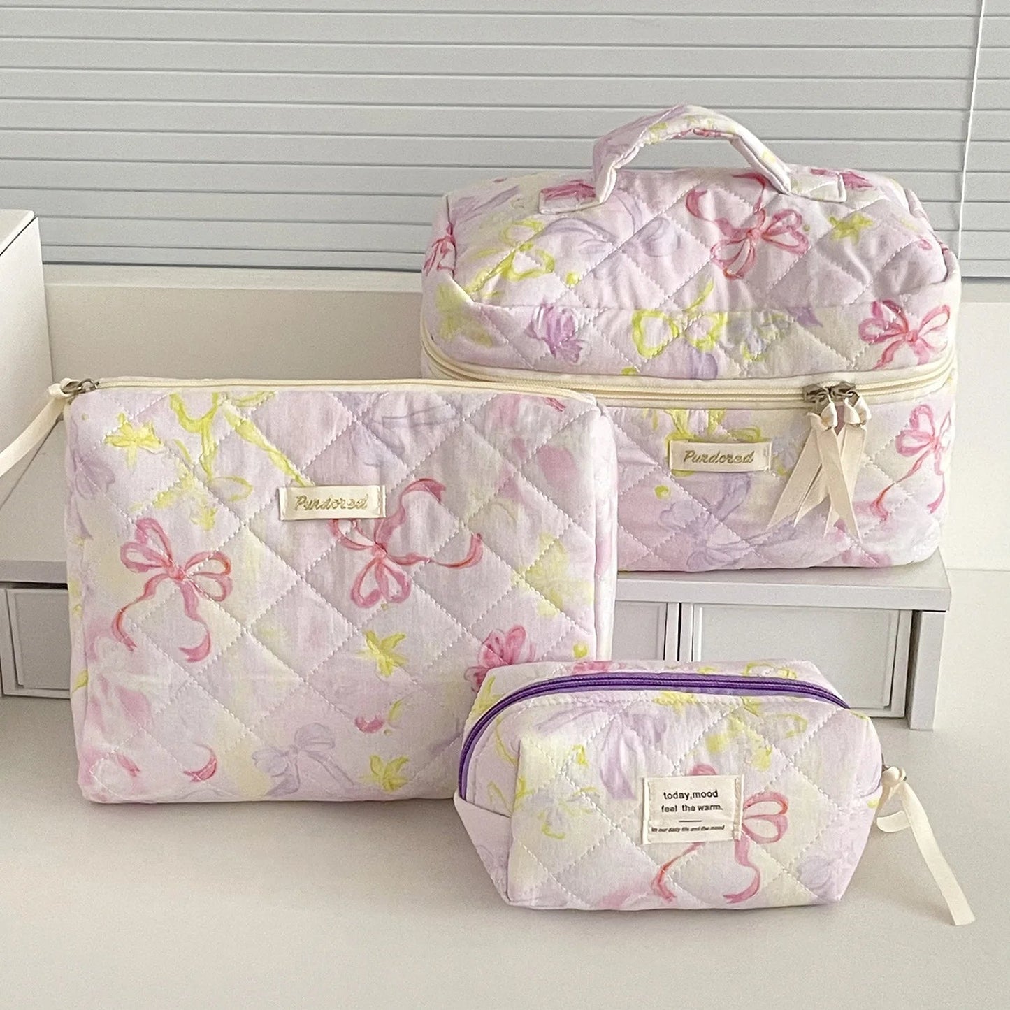 Pink Bow Quilted Make Up Bag Set Creative Femininity