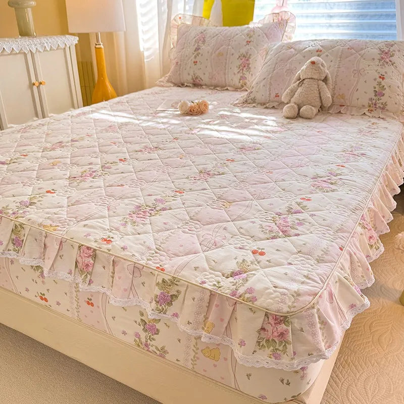 Quilted Floral Fitted Bed Sheet With Ruffle Edge - All Colours