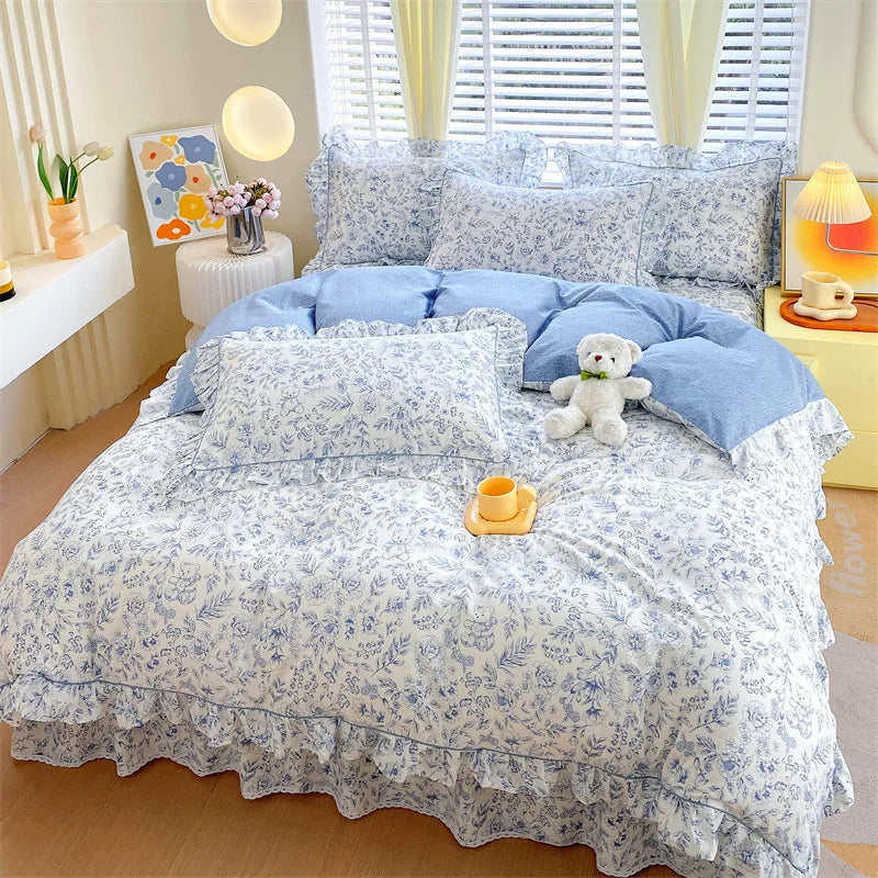 Blue Floral Frilly Duvet Set