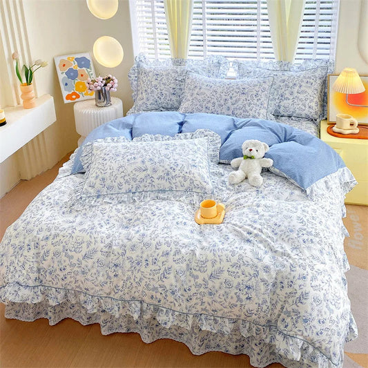 Blue Floral Frilly Duvet Set Creative Femininity