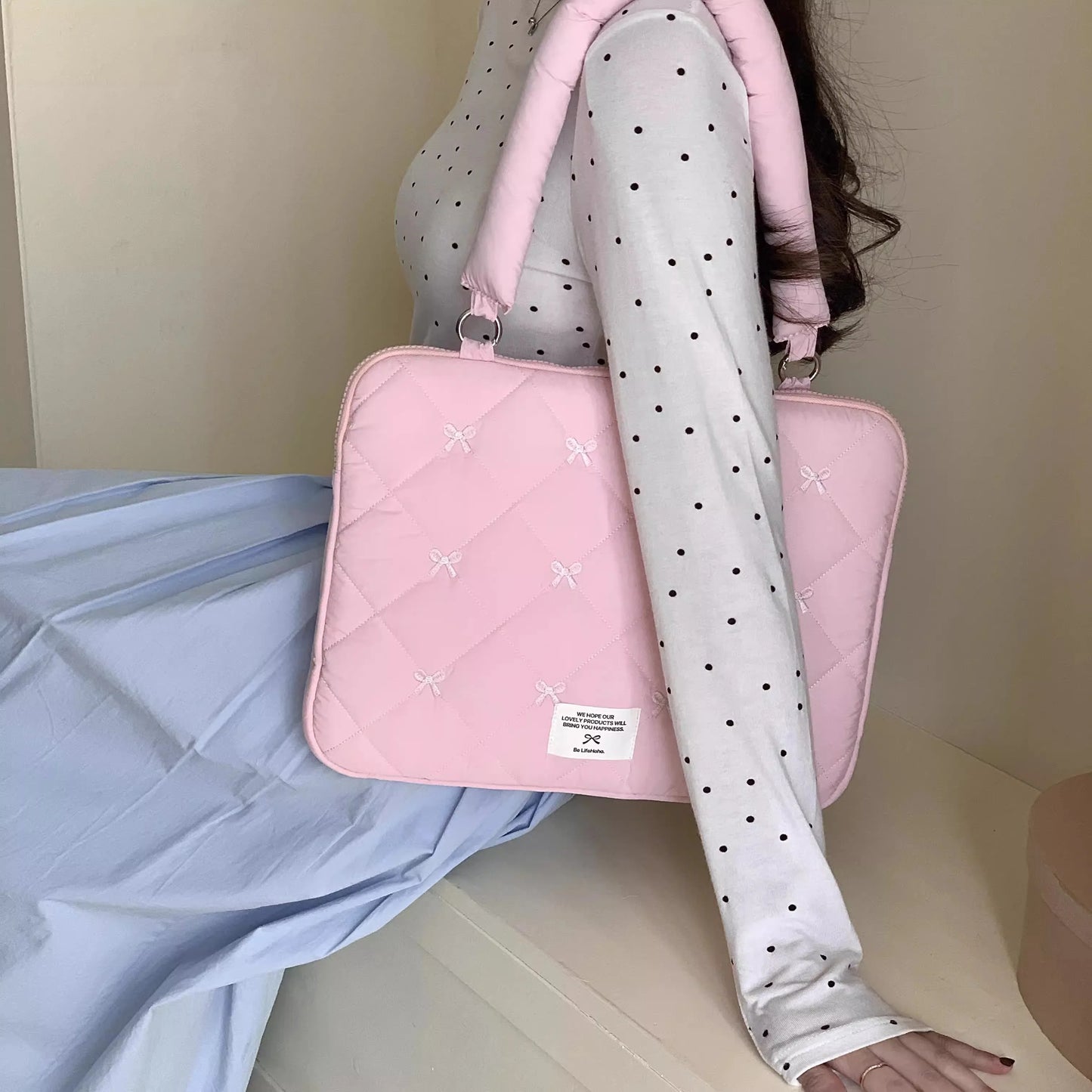 Pink Bow Quilted Laptop Bag