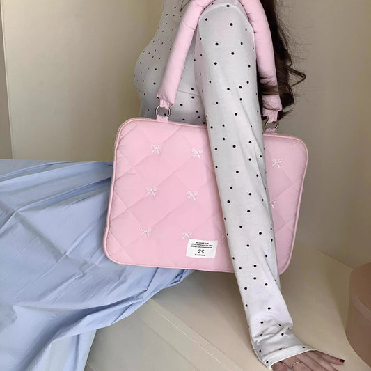 Pink Bow Quilted Laptop Bag Creative Femininity