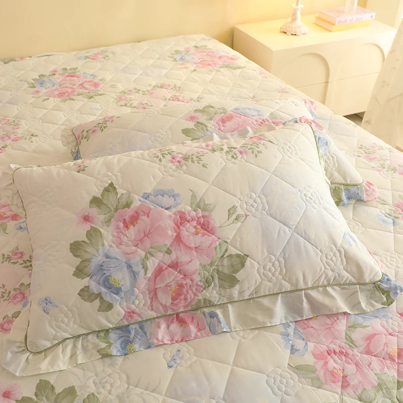Shabby Chic Quilted Floral Pillowcase With Ruffle Edge - All Colours
