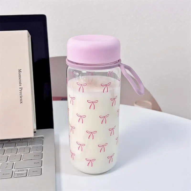 Pink Bow Glass Mini Water Bottle Creative Femininity