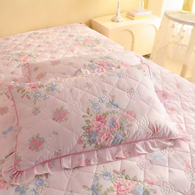Shabby Chic Quilted Floral Pillowcase With Ruffle Edge - All Colours