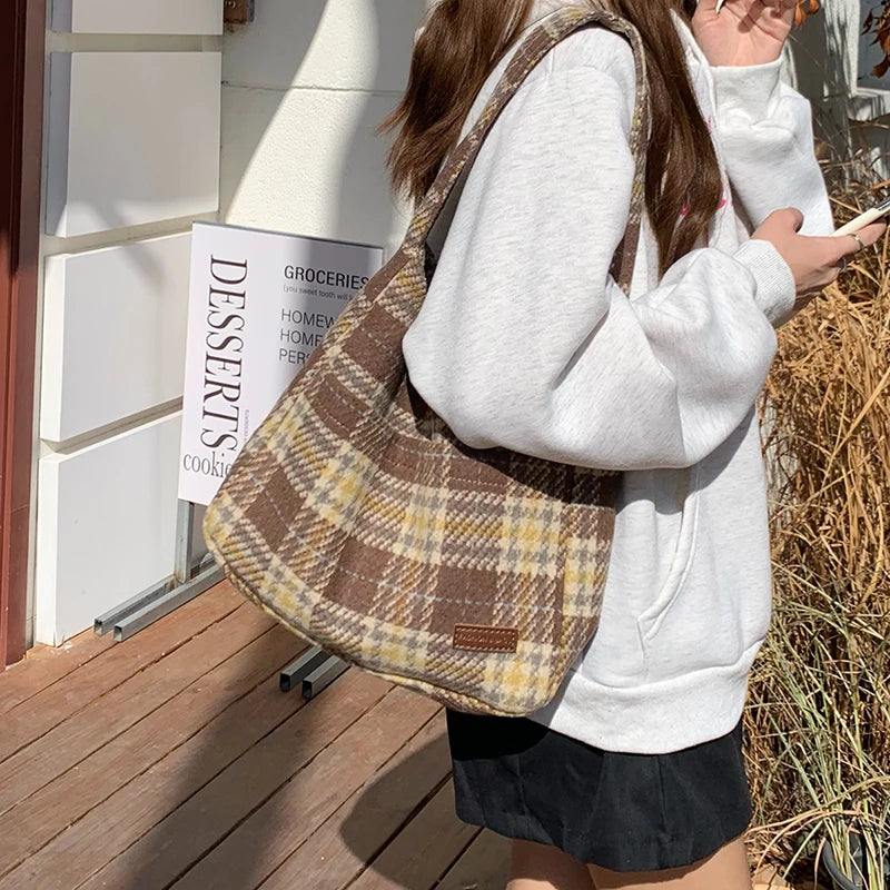 Brown Plaid Tote Bag