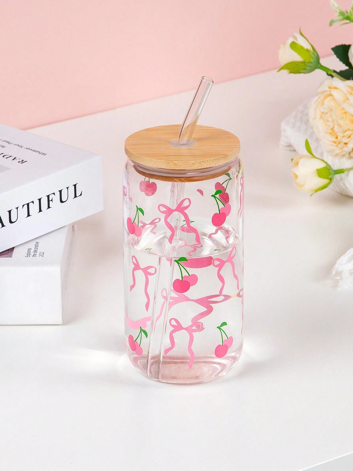 pink bow and cherry glass water bottle with lid and straw