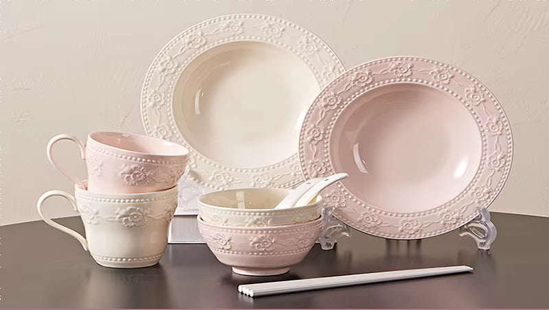 Pink & Cream Embossed Vintage Dinnerware Set
