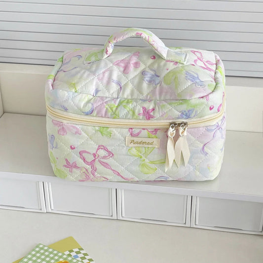 Quilted Bow Print Make Up Bag Set Creative Femininity