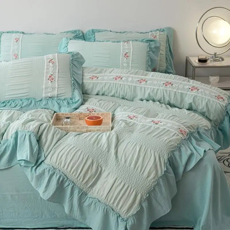 Pink Floral Embroidery Lace Ruched Bed Set