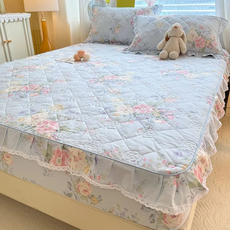 Quilted Floral Fitted Bed Sheet With Ruffle Edge - All Colours