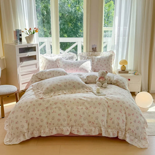 White Ruffle Duvet Cover With Pink Bows Creative Femininity