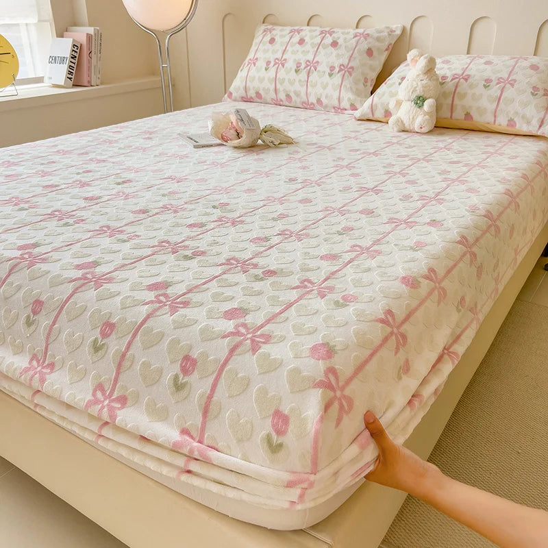 Pink Bow Fleece Bed Sheet & Pillowcase Creative Femininity