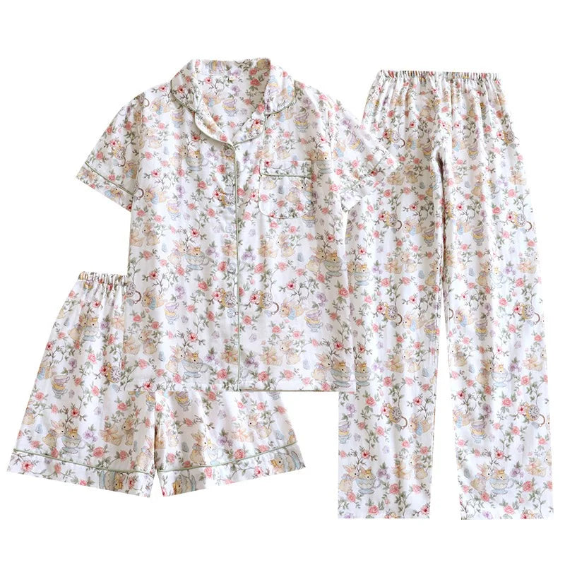 Cotton Floral & Bunny Print Pyjamas Set Creative Femininity