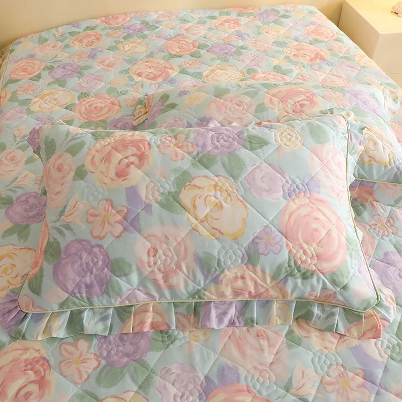 Shabby Chic Quilted Floral Pillowcase With Ruffle Edge - All Colours