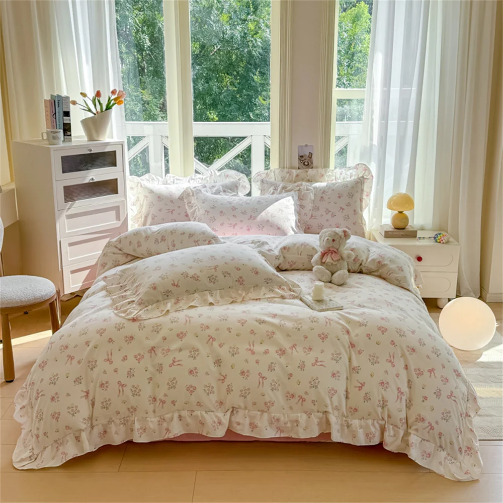 White Ruffle Duvet Cover With Pink Bows