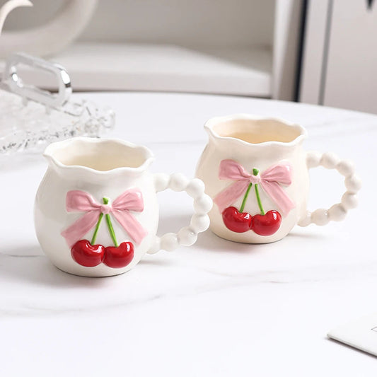 Pink Cherry Bow Ceramic Mug Creative Femininity