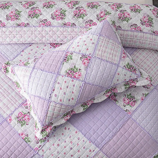 Floral Print Cotton Quilted Bedspread - Pink/Purple Creative Femininity