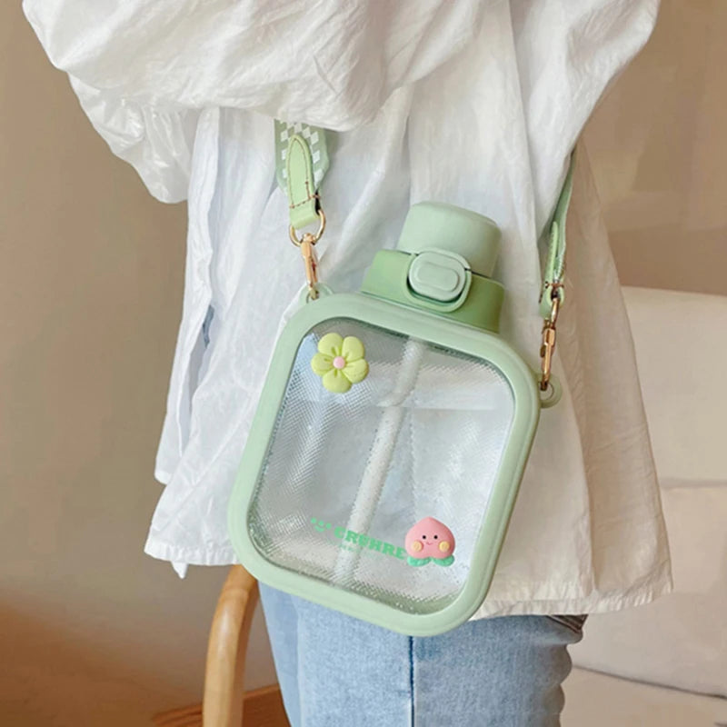 Kawaii Water Bottle With Straw & Strap