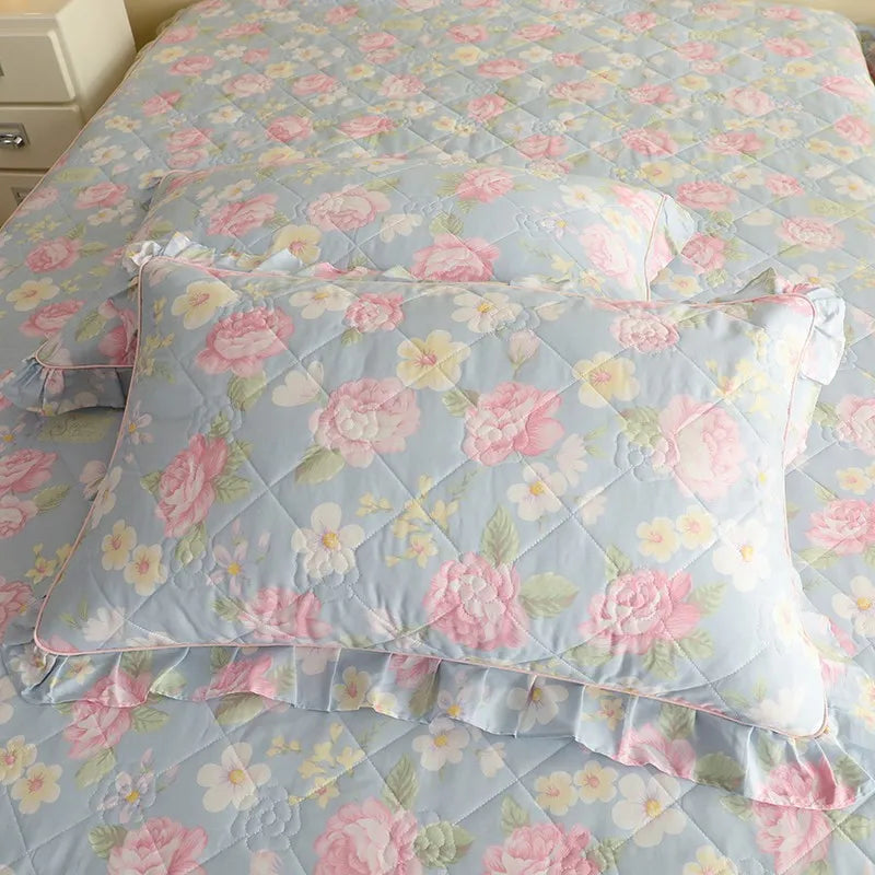 Shabby Chic Quilted Floral Pillowcase With Ruffle Edge - All Colours