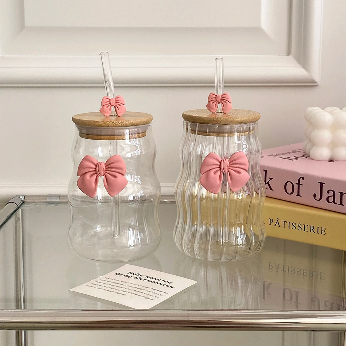 Pink Bow Glass Cup With Lid & Straw