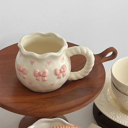 Pink Bow & Heart Ceramic Mug Creative Femininity