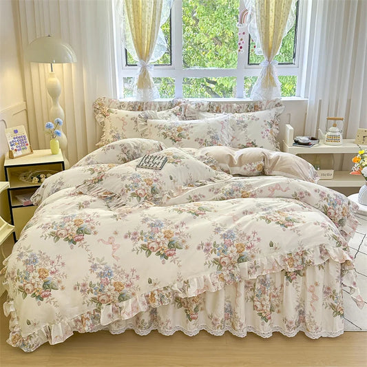 Vintage Floral Frilly Bedding Set Creative Femininity