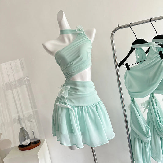 Mint Green Flower Motif Mini Dress Creative Femininity