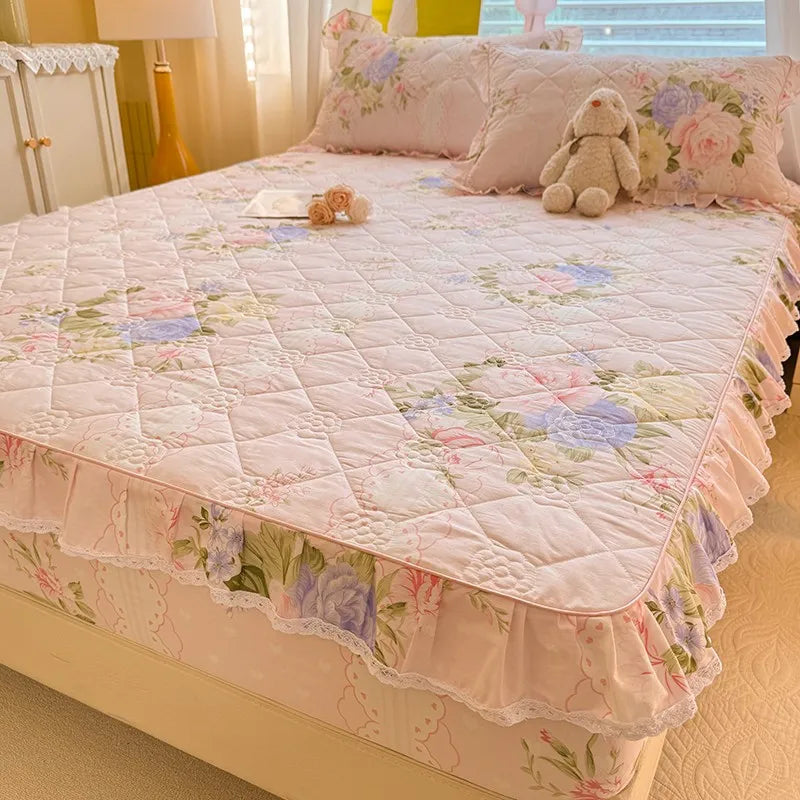 Quilted Floral Fitted Bed Sheet With Ruffle Edge - All Colours